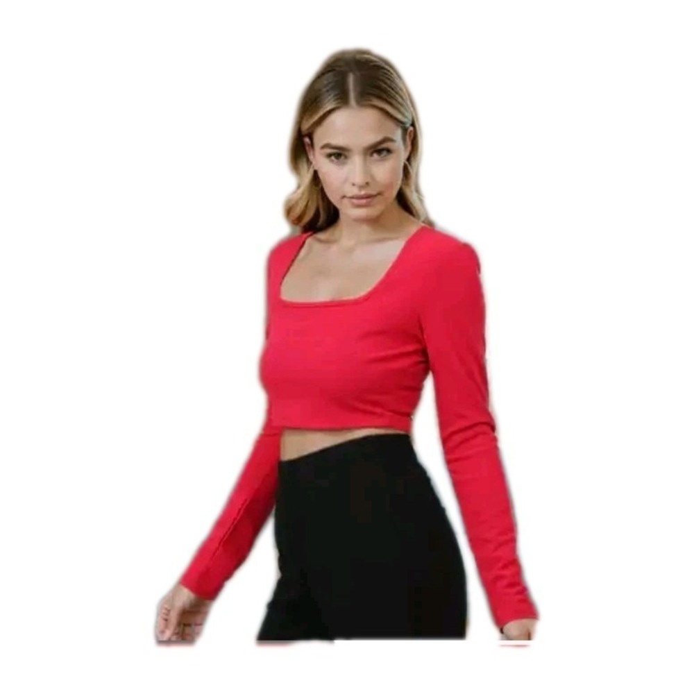 Bozzolo Crop Top Long Sleeve Red Ribbed Square Neck Shirt Size LCotton Blend